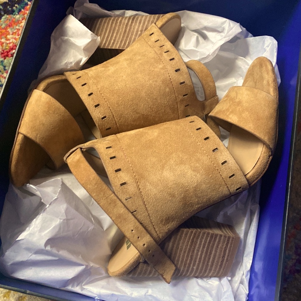 Suede, stacked heel sandals